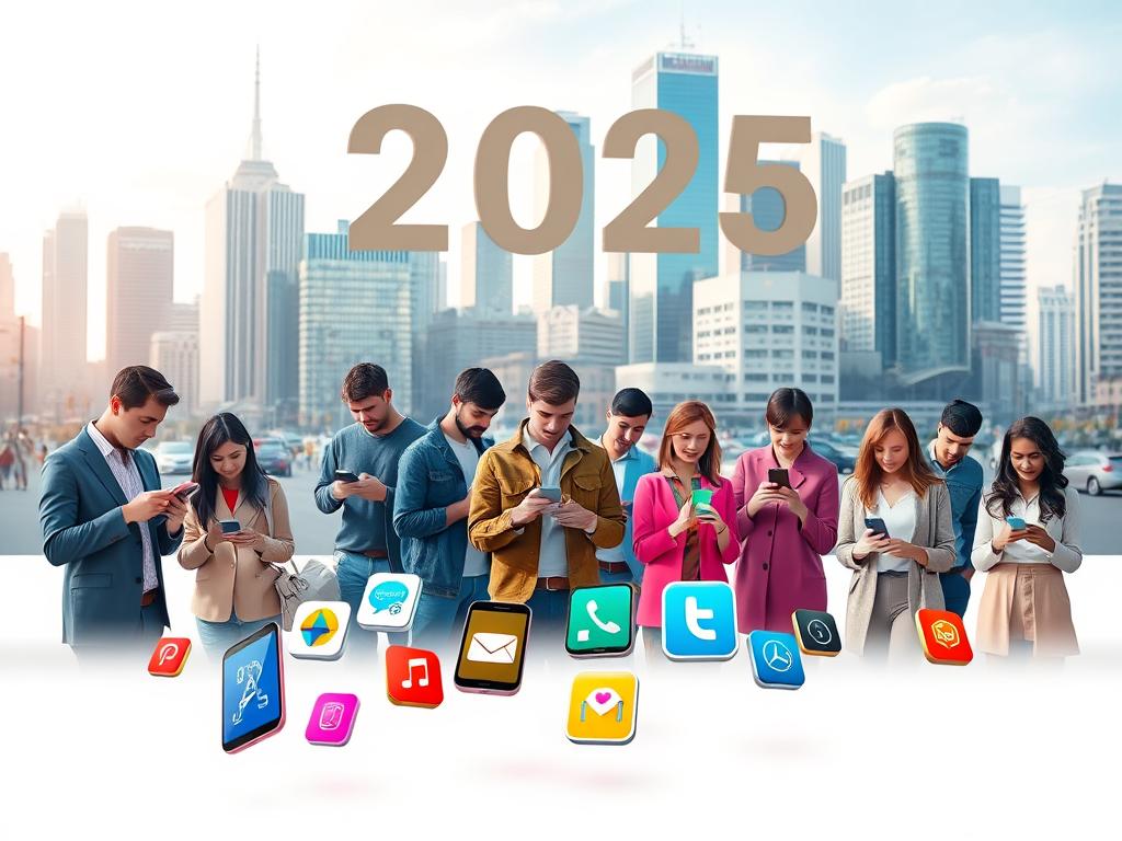 A vibrant, photorealistic illustration of the most popular mobile apps in 2025. In the foreground, a group of colorful app icons float in a clean, minimalist space, their designs reflecting the latest trends in mobile UI. In the middle ground, a diverse array of people, from young professionals to families, interact with their smartphones, their faces lit by the glow of the screen. In the background, a cityscape of modern high-rises and bustling streets sets the scene, hinting at the ubiquity of these indispensable digital tools in our daily lives. The composition is balanced, the lighting is soft and flattering, and the overall mood is one of utility, connectivity, and the seamless integration of technology into our everyday routines.