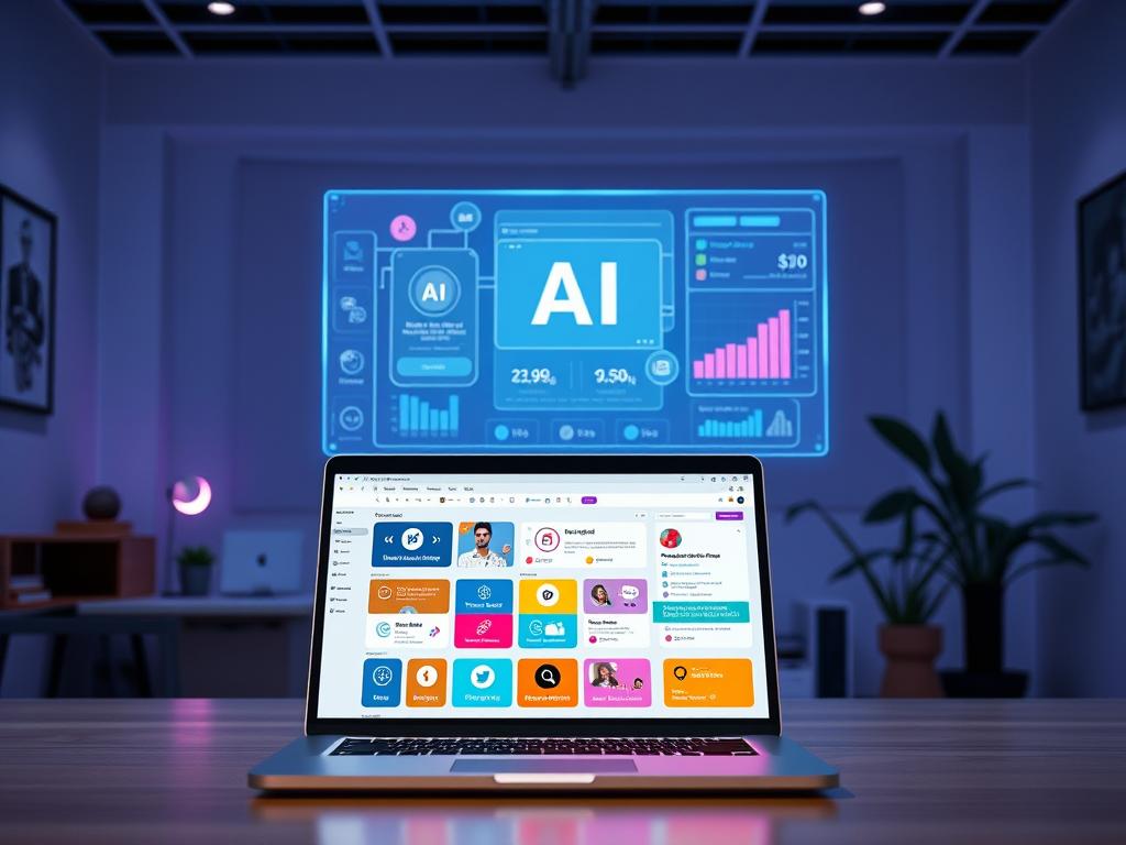 A vibrant workspace filled with AI-powered content automation tools. In the foreground, a sleek laptop displays a dashboard of intelligent content creation and optimization features. Behind it, a colorful array of icons representing various AI-powered functions - from ideation and research to optimization and scheduling. In the middle ground, a futuristic holographic interface showcases real-time content analytics and performance data. The background is a minimalist, tech-inspired setting with clean lines, subtle lighting, and a sense of technological sophistication. The overall atmosphere conveys efficiency, innovation, and the seamless integration of AI into the content creation workflow. A vibrant workspace filled with AI-powered content automation tools. In the foreground, a sleek laptop displays a dashboard of intelligent content creation and optimization features. Behind it, a colorful array of icons representing various AI-powered functions - from ideation and research to optimization and scheduling. In the middle ground, a futuristic holographic interface showcases real-time content analytics and performance data. The background is a minimalist, tech-inspired setting with clean lines, subtle lighting, and a sense of technological sophistication. The overall atmosphere conveys efficiency, innovation, and the seamless integration of AI into the content creation workflow.