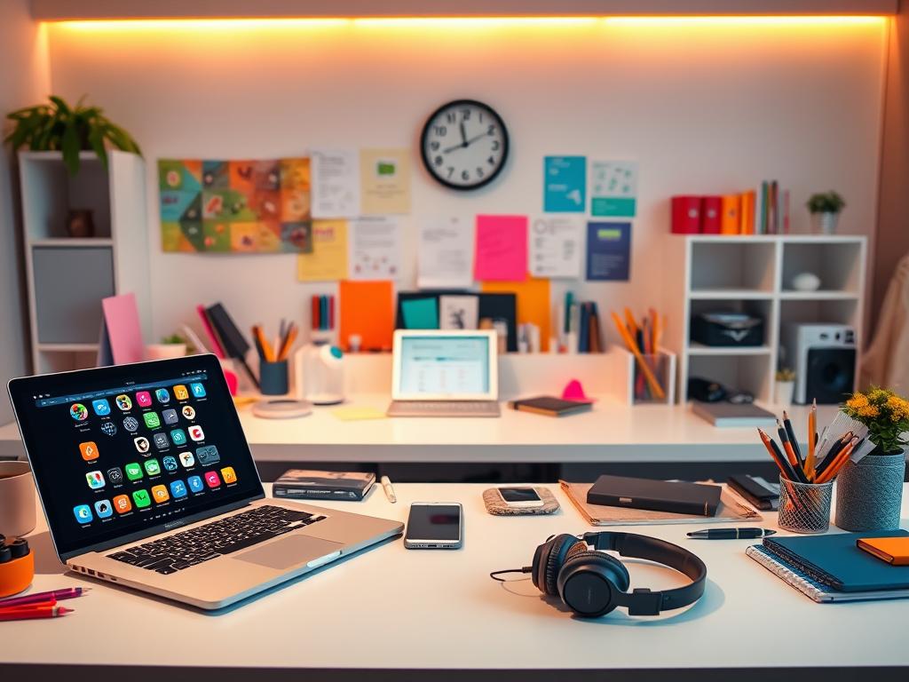 A vibrant workspace filled with an assortment of free online project management tools. In the foreground, a sleek laptop displays a variety of application icons, surrounded by a collection of colorful office supplies. In the middle ground, a clean desk surface showcases a tablet, smartphone, and headphones, all readily available. The background features a minimalist white wall accented by warm lighting, creating a modern, productive atmosphere. The overall scene conveys a sense of efficiency and accessibility, perfectly capturing the essence of the article's section on the best free online tools for project management.