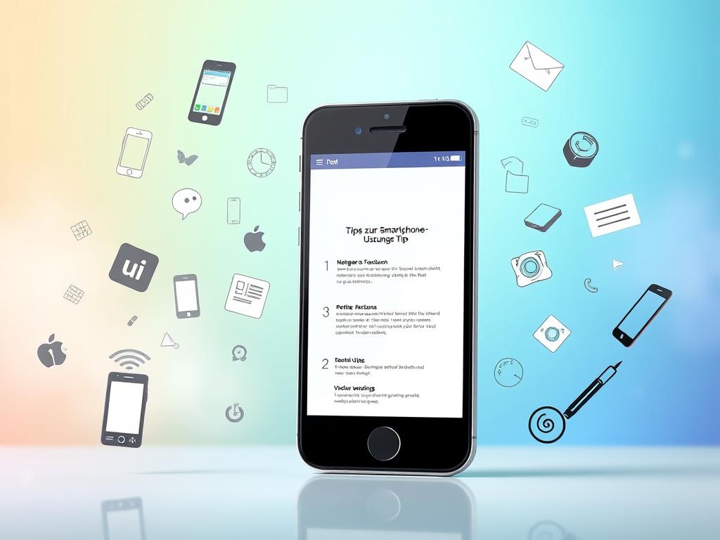A visually striking digital illustration showcasing a variety of smartphone usage tips against a clean, modern backdrop. In the foreground, an array of smartphone icons, interface elements, and intuitive infographic graphics float effortlessly, highlighting key usage suggestions. The middle ground features a sleek, minimalist smartphone device, its screen displaying a simple, elegant UI with easy-to-follow tips. The background is a softly blurred, gradient-based environment, evoking a sense of digital innovation and a focus on user-friendly technology. The overall composition should convey a sense of clarity, simplicity, and practical utility, perfect for illustrating the "Tipps zur Smartphone-Nutzung" section of the "Aktuelle Handy News für Sie" article. A visually striking digital illustration showcasing a variety of smartphone usage tips against a clean, modern backdrop. In the foreground, an array of smartphone icons, interface elements, and intuitive infographic graphics float effortlessly, highlighting key usage suggestions. The middle ground features a sleek, minimalist smartphone device, its screen displaying a simple, elegant UI with easy-to-follow tips. The background is a softly blurred, gradient-based environment, evoking a sense of digital innovation and a focus on user-friendly technology. The overall composition should convey a sense of clarity, simplicity, and practical utility, perfect for illustrating the "Tipps zur Smartphone-Nutzung" section of the "Aktuelle Handy News für Sie" article.