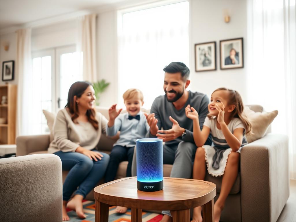 A warm, cozy living room scene with a family of four - mom, dad, young son, and daughter - gathering around Alexa, a smart home assistant, on a wooden side table. The room is bathed in soft, natural lighting filtering through large windows, creating a tranquil atmosphere. The family members are engaged, gesturing excitedly as they interact with Alexa, their expressions animated and joyful. The decor is modern yet homey, with plush furniture, a colorful area rug, and personal touches like framed family photos. Alexa sits prominently, its blue light pulsing, as the family utilizes its various smart home functions, from controlling the thermostat to playing music. The scene captures the integration of Alexa into the daily rhythms and intimate moments of family life.