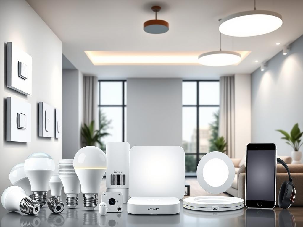 A well-lit, high-resolution image showcasing a variety of smart home lighting devices and systems compatible with mobile device control. The foreground features an assortment of sleek, modern light bulbs, wall-mounted smart switches, and voice-controlled hubs. The middle ground displays smart LED light strips and recessed ceiling fixtures, all connected through a central hub. The background depicts a stylish, minimalist living room setting with large windows, natural lighting, and hints of home automation technology. The overall atmosphere is clean, sophisticated, and conveys the ease and convenience of controlling your home's lighting from your smartphone or tablet.