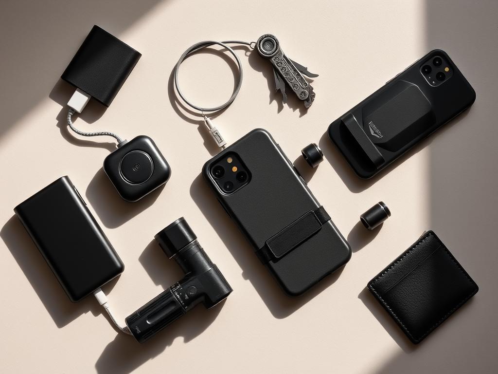 A well-lit, neatly arranged flat-lay scene showcasing a collection of useful everyday gadgets for on-the-go: a compact power bank, a retractable charging cable, a sleek multi-tool with various functions, a durable phone case with an integrated kickstand, a mini flashlight with rechargeable batteries, and a slim wallet with RFID protection. The gadgets are placed atop a smooth, neutral-colored surface, casting gentle shadows and creating a sense of balance and organization. The overall mood is modern, practical, and efficiently streamlined, reflecting the practical and versatile nature of the "useful gadgets" depicted.