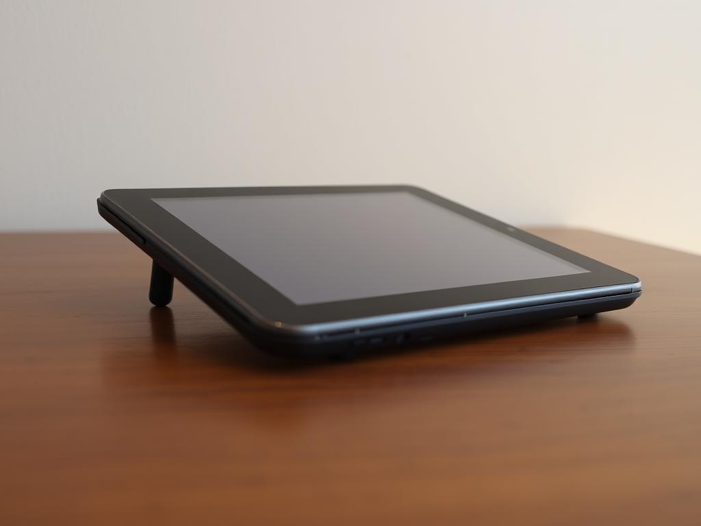 A well-used, second-hand tablet rests on a wooden table, its screen reflecting the warm glow of a soft, diffused light. The device's worn but cared-for exterior hints at its history, a testament to its previous owner's needs and usage. In the background, a neutral-toned wall provides a clean, uncluttered backdrop, allowing the tablet to take center stage. The overall scene conveys a sense of practicality and functionality, suggesting the tablet's potential as a cost-effective, pre-owned alternative to a brand-new device.