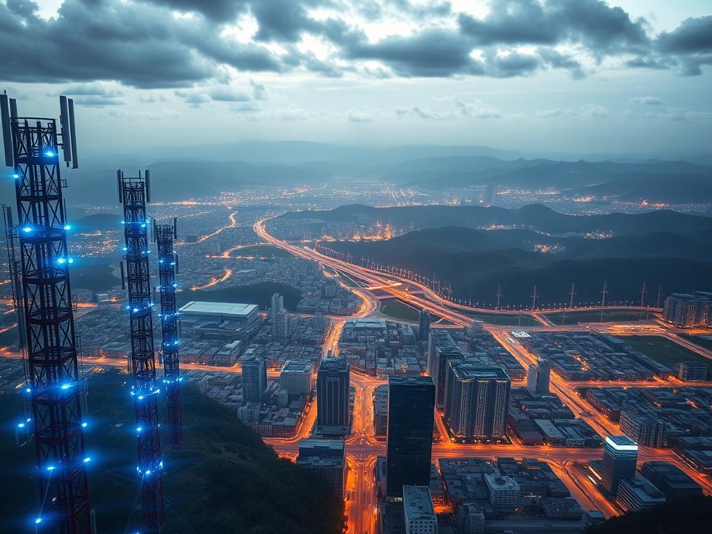 Dramatic aerial view of a futuristic 5G network landscape. In the foreground, towering cellular antennas and data hubs radiate energy, bathed in a vibrant, electric blue glow. The middle ground features a bustling city, its skyscrapers and infrastructure seamlessly integrated with advanced 5G connectivity. In the background, rolling hills and a vast, cloudless sky set the scene for a vision of boundless technological progress and global interconnectivity. The image conveys a sense of power, innovation, and the boundless potential of 5G to transform the way we live, work, and communicate.