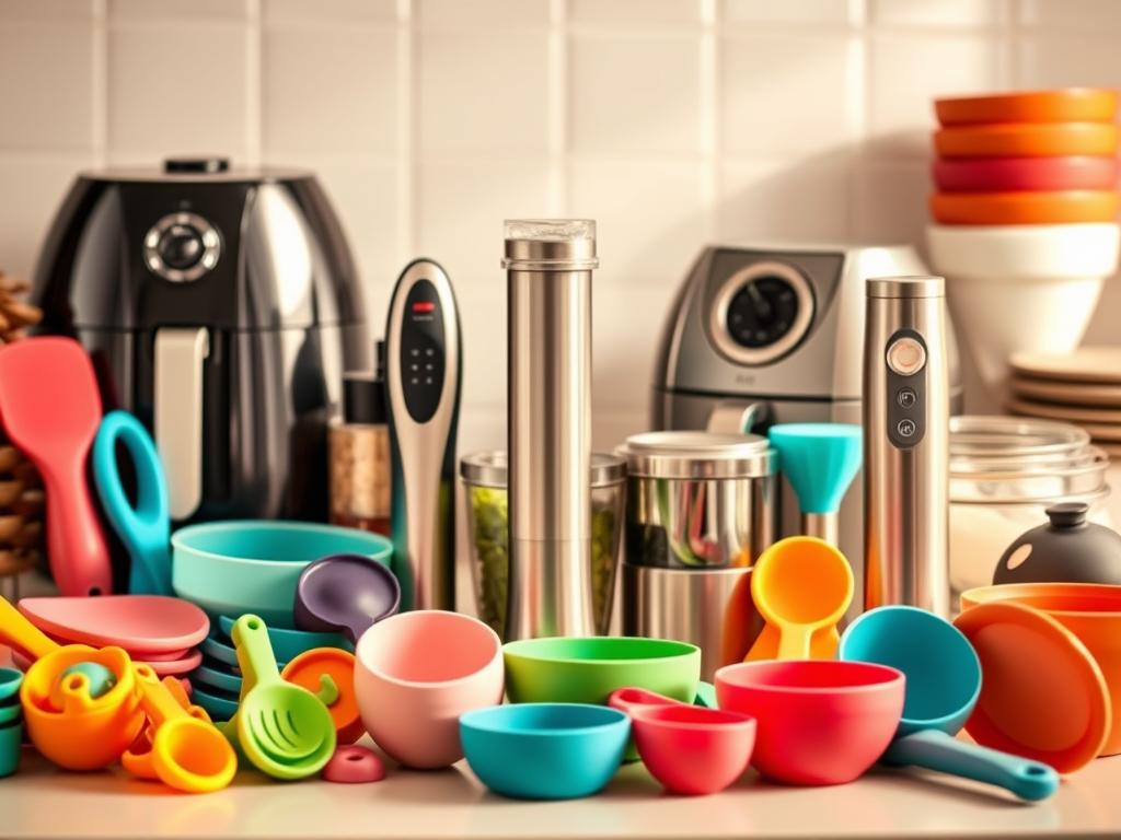 Innovative kitchen gadgets for small budgets: A countertop scene showcasing a diverse array of compact, affordable, and functional kitchen tools. In the foreground, an assortment of colorful silicone cooking utensils, measuring cups, and a compact handheld blender. In the middle ground, a sleek stainless steel vegetable chopper and a compact air fryer. In the background, a minimalist spice rack and a set of nesting mixing bowls. The lighting is warm and natural, highlighting the practical, yet stylish design of these budget-friendly kitchen essentials. The overall atmosphere conveys a sense of efficiency, organization, and culinary inspiration, perfect for the home cook on a tight budget.