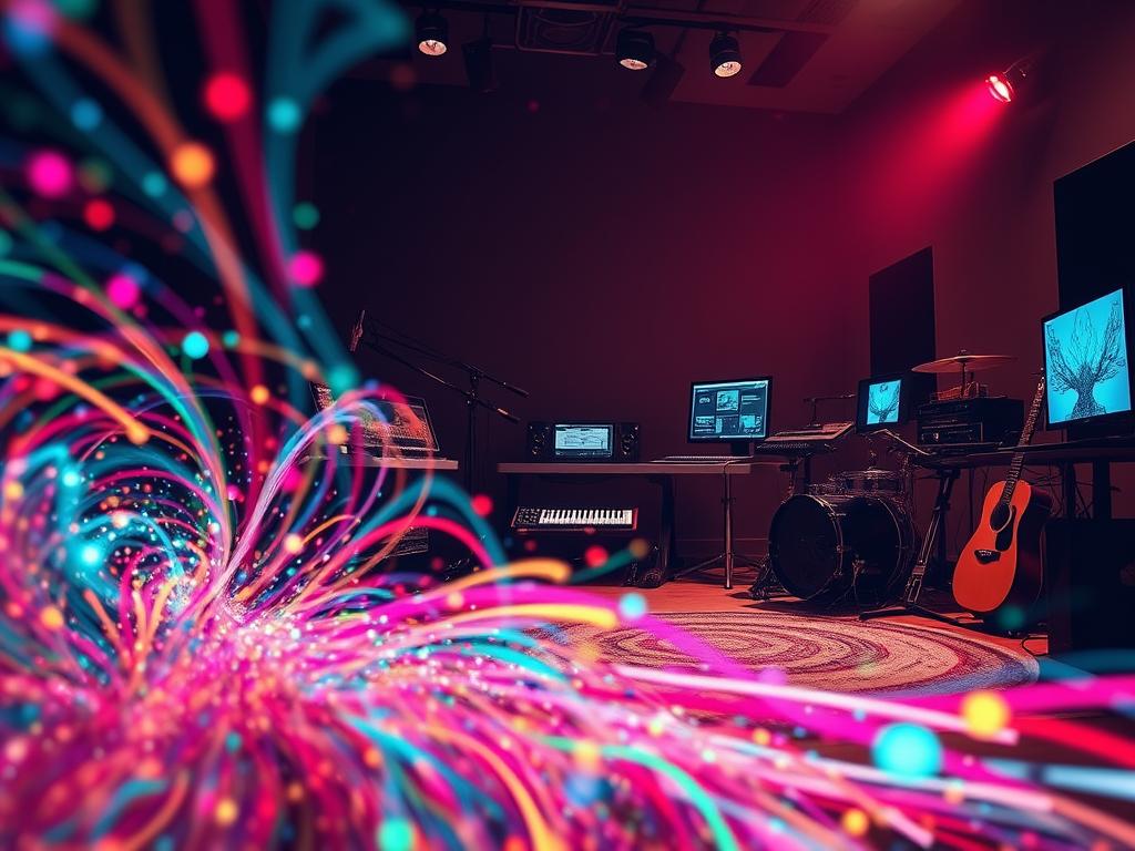 Prompt A vibrant, abstract composition showcasing the intersection of artificial intelligence and creative expression. In the foreground, a swirling, kaleidoscopic display of colors, shapes, and textures, hinting at the generative capabilities of AI algorithms. The middle ground features various artistic tools and instruments, subtly integrated with sleek, futuristic interfaces, symbolizing the seamless integration of technology and the creative process. The background depicts a dimly lit, atmospheric studio setting, casting a warm, contemplative glow over the scene. The overall impression is one of boundless imagination, innovation, and the limitless potential of AI-powered artistic and musical production.