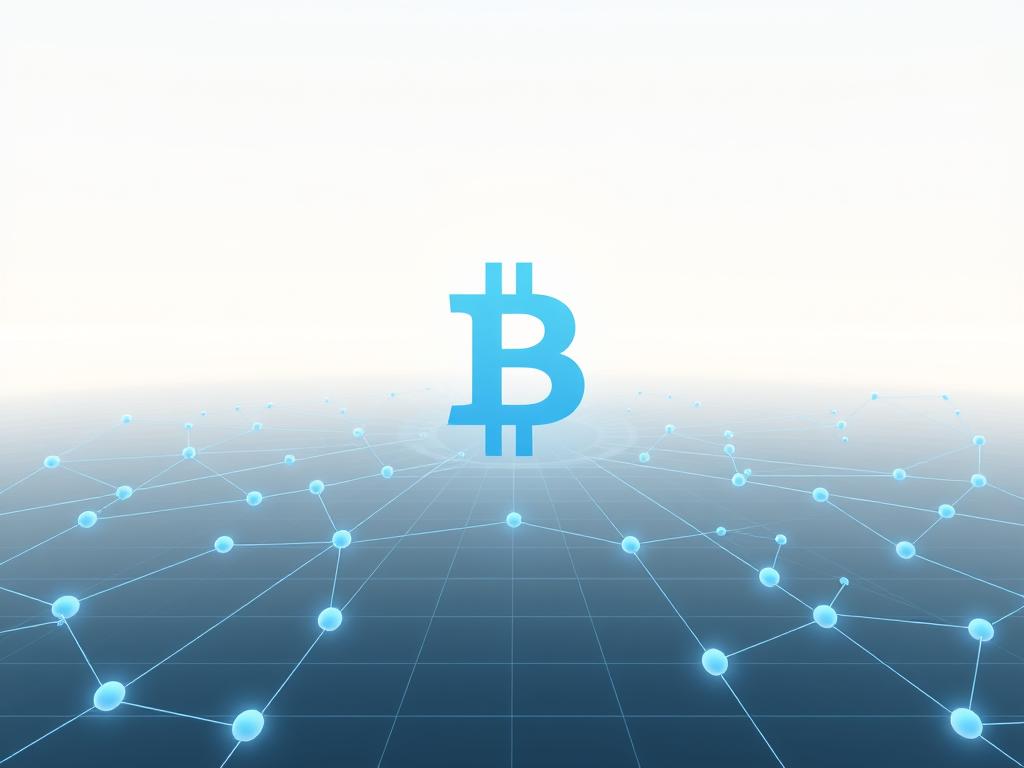 a detailed digital illustration of the Bitcoin network effect in a minimalist, clean style. in the foreground, a large, stylized Bitcoin symbol surrounded by a network of interconnected nodes and lines representing the growth and connectivity of the Bitcoin ecosystem. the nodes are depicted as simple geometric shapes in various shades of blue, with the lines connecting them glowing softly. in the middle ground, a subtle grid pattern or web-like structure fills the space, hinting at the underlying technological infrastructure. the background is a soft, gradient-based environment, perhaps with a faint horizon line or subtle textures, creating a sense of depth and emphasizing the global, decentralized nature of the Bitcoin network. the overall mood is one of simplicity, elegance, and the powerful network effects that drive Bitcoin's adoption and growth.
