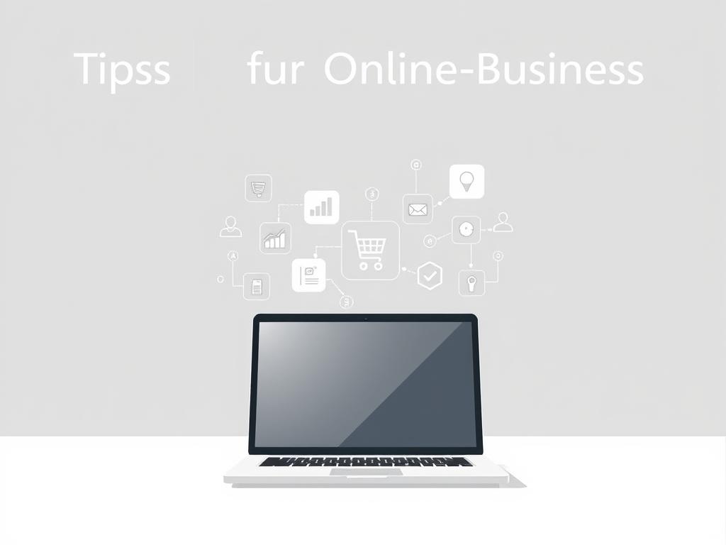 a professional, elegant, and visually appealing illustration of "Tipps für Online-Business", featuring a minimalist design with clean lines, subtle textures, and a calming color palette. In the foreground, a laptop or tablet is prominently displayed, representing the digital nature of an online business. The middle ground showcases a collection of icons or simple graphics symbolizing various aspects of running an online venture, such as a shopping cart, graph, or networking connections. The background gently fades into a soft, muted gradient, creating a sense of depth and focus on the central elements. The overall mood is one of sophistication, organization, and the potential for success in the digital realm.
