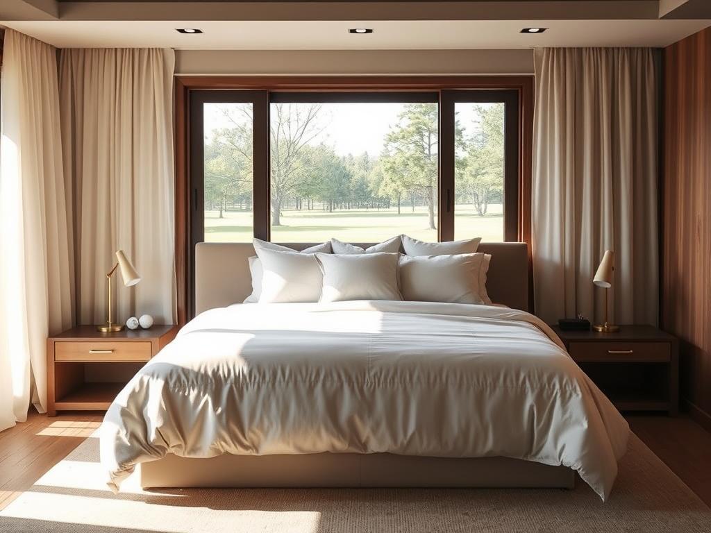 A cozy, well-appointed bedroom with warm, natural lighting filtering through sheer curtains. A plush, inviting king-size bed with a crisp, white duvet and an abundance of fluffy pillows takes center stage. Sleek, minimalist nightstands flank the bed, each with a single task lamp providing a soft, ambient glow. In the background, a large window overlooks a serene, park-like setting, creating a sense of tranquility and connection to nature. Muted, earthy tones and natural wood accents throughout the space evoke a peaceful, spa-like atmosphere, ideal for a restful, restorative sleep.