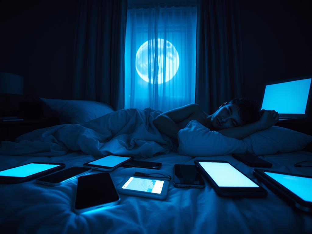A dark bedroom at night, illuminated by the soft blue glow of digital devices. In the foreground, a person lies restlessly in bed, their face bathed in the eerie light. The middle ground depicts scattered smartphones, tablets, and laptops, their screens emitting a mesmerizing but disruptive radiance. In the background, the curtains are drawn, blocking out the natural moonlight and creating a sense of isolation. The atmosphere is tense, evoking the disruptive influence of digital media on healthy sleep patterns. The scene is captured with a wide-angle lens, creating a sense of immersion and emphasizing the overwhelming presence of technology in the bedroom environment.