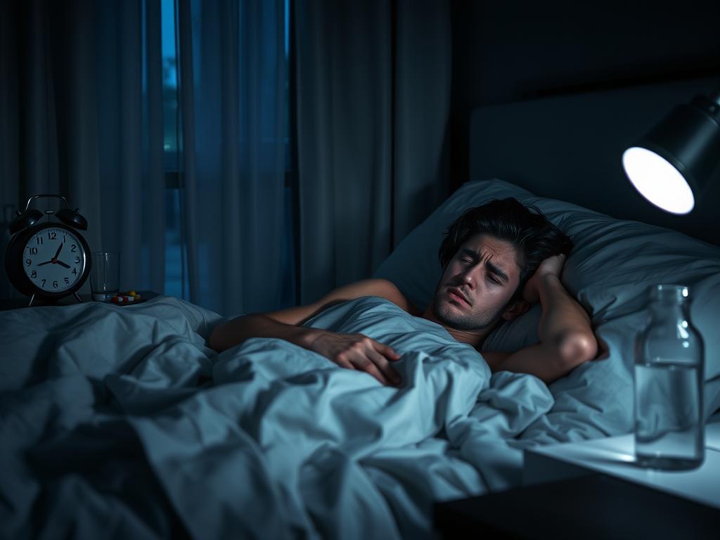 A dimly lit bedroom scene, with a person lying awake in bed, a look of distress on their face. Soft moonlight filters through the curtains, casting shadows across the rumpled sheets. In the background, a clock on the nightstand shows the late hour, while a glass of water and a bottle of pills sit nearby, hinting at the struggle with sleep. The overall atmosphere conveys a sense of restlessness and anxiety, reflecting the "Stress und Schlafstörungen" theme.