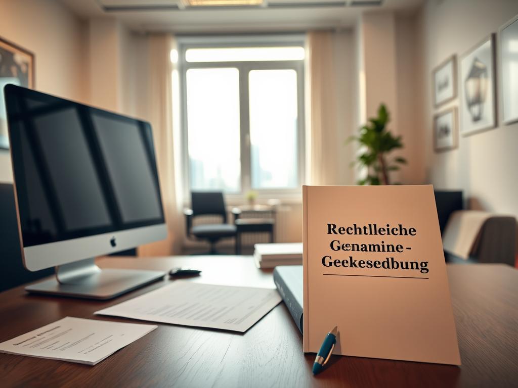 A neatly organized office scene with a desktop computer, paperwork, and a legal book titled "Rechtliche Grundlagen Gewerbeanmeldung". The lighting is warm and welcoming, creating a professional yet approachable atmosphere. The desk is made of dark wood, and the room is decorated with minimalist, contemporary furnishings. In the background, a large window overlooking a cityscape provides a sense of context. The overall composition conveys the seriousness and importance of the legal aspects of starting a business, while maintaining a sense of clarity and accessibility. A neatly organized office scene with a desktop computer, paperwork, and a legal book titled "Rechtliche Grundlagen Gewerbeanmeldung". The lighting is warm and welcoming, creating a professional yet approachable atmosphere. The desk is made of dark wood, and the room is decorated with minimalist, contemporary furnishings. In the background, a large window overlooking a cityscape provides a sense of context. The overall composition conveys the seriousness and importance of the legal aspects of starting a business, while maintaining a sense of clarity and accessibility.