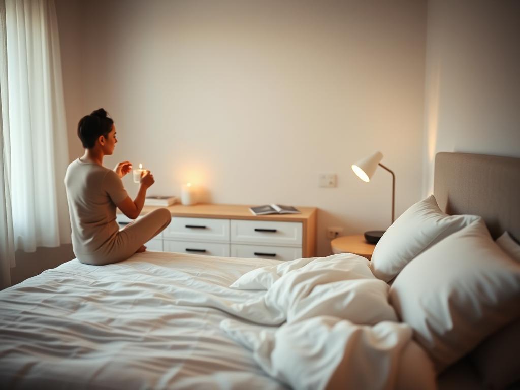 A serene bedroom scene with soft, warm lighting. In the foreground, a person is sitting on the edge of the bed, engaged in a calming evening ritual - perhaps lighting a candle, sipping tea, or practicing gentle stretches. The middle ground features a nightstand with a few carefully selected items, like a book, essential oils, or a small plant, creating a sense of tranquility. In the background, the room is minimally decorated, with neutral tones and natural textures, evoking a restful atmosphere. The overall mood is one of relaxation and preparation for a good night's sleep.