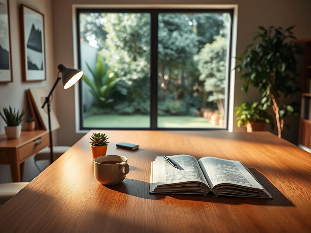 A serene study room with a large wooden desk, featuring an open book, a pen, and a cup of coffee. Warm, soft lighting from a nearby lamp illuminates the scene, casting gentle shadows. On the desk, a notebook and a small potted plant add a sense of order and productivity. The walls are adorned with minimalist artwork, creating a calming, focused atmosphere. In the background, a large window offers a view of a lush, verdant garden, symbolizing the growth and transformation enabled by the practical application of habits.