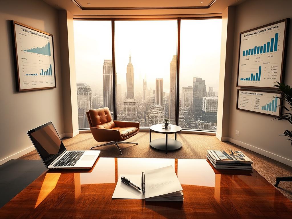 A sleek, modern office interior with a focus on financial planning and startup funding. In the foreground, a glossy wooden desk with a laptop, pen, and documents neatly arranged. Behind it, a large window overlooking a bustling city skyline, bathed in warm, golden natural light. On the walls, framed charts and graphs depicting various financing options, from venture capital to government grants, displayed in a clean, minimalist style. In the middle ground, a stylish leather chair and a small side table with finance-related books and magazines. The overall atmosphere exudes professionalism, innovation, and a sense of financial opportunity for a new business venture. A sleek, modern office interior with a focus on financial planning and startup funding. In the foreground, a glossy wooden desk with a laptop, pen, and documents neatly arranged. Behind it, a large window overlooking a bustling city skyline, bathed in warm, golden natural light. On the walls, framed charts and graphs depicting various financing options, from venture capital to government grants, displayed in a clean, minimalist style. In the middle ground, a stylish leather chair and a small side table with finance-related books and magazines. The overall atmosphere exudes professionalism, innovation, and a sense of financial opportunity for a new business venture.