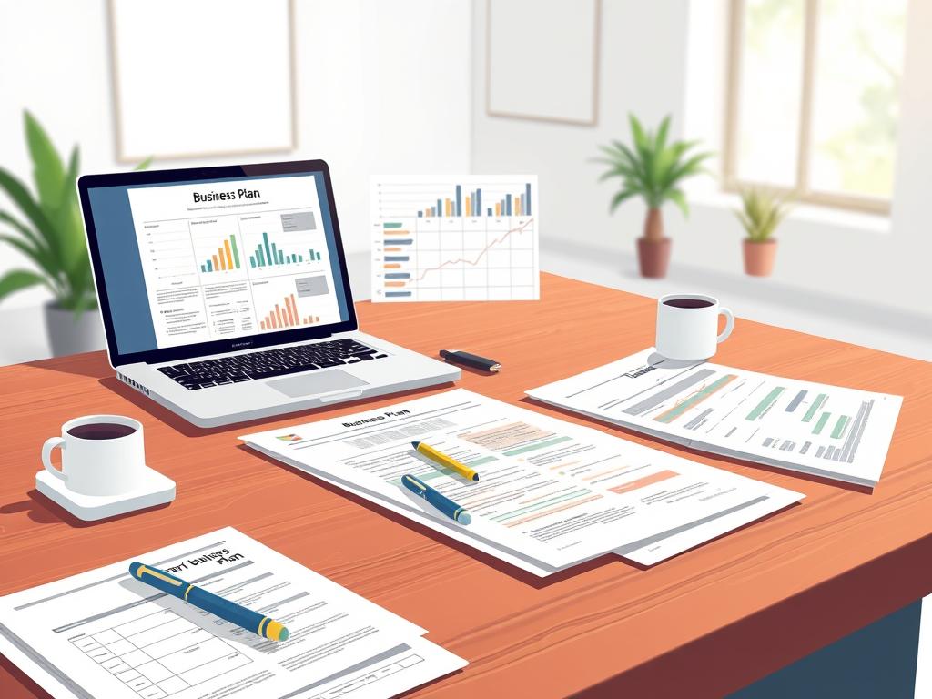 A stylized, realistic illustration of a comprehensive business plan structure, presented on a wooden desk or table. The foreground features neatly organized documents, spreadsheets, and notes, with a laptop displaying relevant charts and graphs. The middle ground includes strategically placed office supplies, such as a pen, highlighter, and a mug of coffee, creating a focused and productive atmosphere. The background showcases a minimalist, well-lit office setting, with subtle hints of greenery and natural light filtering in through a window, conveying a sense of professionalism and innovation. The overall composition should evoke a sense of thoughtful planning, attention to detail, and a methodical approach to creating a successful business plan. A stylized, realistic illustration of a comprehensive business plan structure, presented on a wooden desk or table. The foreground features neatly organized documents, spreadsheets, and notes, with a laptop displaying relevant charts and graphs. The middle ground includes strategically placed office supplies, such as a pen, highlighter, and a mug of coffee, creating a focused and productive atmosphere. The background showcases a minimalist, well-lit office setting, with subtle hints of greenery and natural light filtering in through a window, conveying a sense of professionalism and innovation. The overall composition should evoke a sense of thoughtful planning, attention to detail, and a methodical approach to creating a successful business plan.