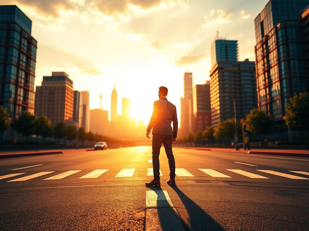A vibrant, energetic scene of someone taking the first steps towards self-employment. In the foreground, a determined individual stands at a crossroads, a briefcase in hand, gazing confidently towards the horizon. The middle ground features a bustling city skyline, hinting at the opportunities and challenges that lie ahead. The background is bathed in warm, golden light, symbolizing the promise of a new beginning. The scene is captured through a wide-angle lens, creating a sense of expansiveness and possibility. The overall mood is one of anticipation, growth, and the excitement of embarking on a new venture. A vibrant, energetic scene of someone taking the first steps towards self-employment. In the foreground, a determined individual stands at a crossroads, a briefcase in hand, gazing confidently towards the horizon. The middle ground features a bustling city skyline, hinting at the opportunities and challenges that lie ahead. The background is bathed in warm, golden light, symbolizing the promise of a new beginning. The scene is captured through a wide-angle lens, creating a sense of expansiveness and possibility. The overall mood is one of anticipation, growth, and the excitement of embarking on a new venture.