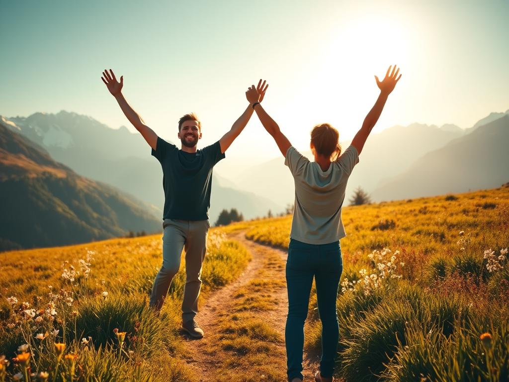 A vibrant, joyful scene of a person's personal success journey. In the foreground, a figure stands confidently, arms raised in a triumphant pose, their expression radiating a sense of achievement and inner peace. The middle ground features a serene, sun-dappled meadow, wildflowers in bloom, and a winding path leading to the horizon. In the background, majestic mountains rise, their peaks touched by soft, golden light, creating an uplifting and inspirational atmosphere. The overall composition conveys a sense of personal growth, empowerment, and the transformative power of finding joy and fulfillment in life. Lit by warm, natural lighting, the scene is captured with a cinematic, wide-angle lens to showcase the expansive, picturesque landscape.