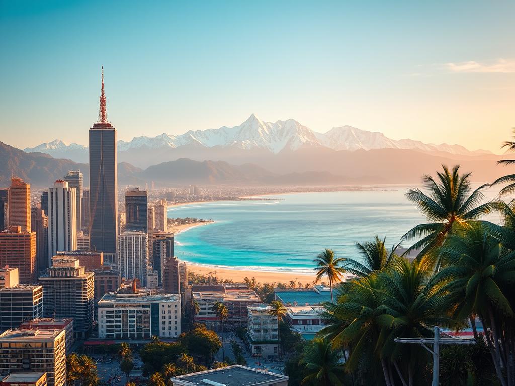A breathtaking landscape of diverse destinations for digital nomads, captured in a cinematic wide-angle shot. In the foreground, a bustling city skyline with towering skyscrapers and vibrant street life. In the middle ground, a serene beach scene with swaying palm trees and turquoise waters. The background features a majestic mountain range, its peaks capped with snow and bathed in warm, golden sunlight. The scene conveys a sense of exploration, adventure, and the perfect balance between work and leisure that defines the digital nomad lifestyle. Crisp, high-resolution details and a natural, cinematic lighting style create an immersive, aspirational atmosphere.