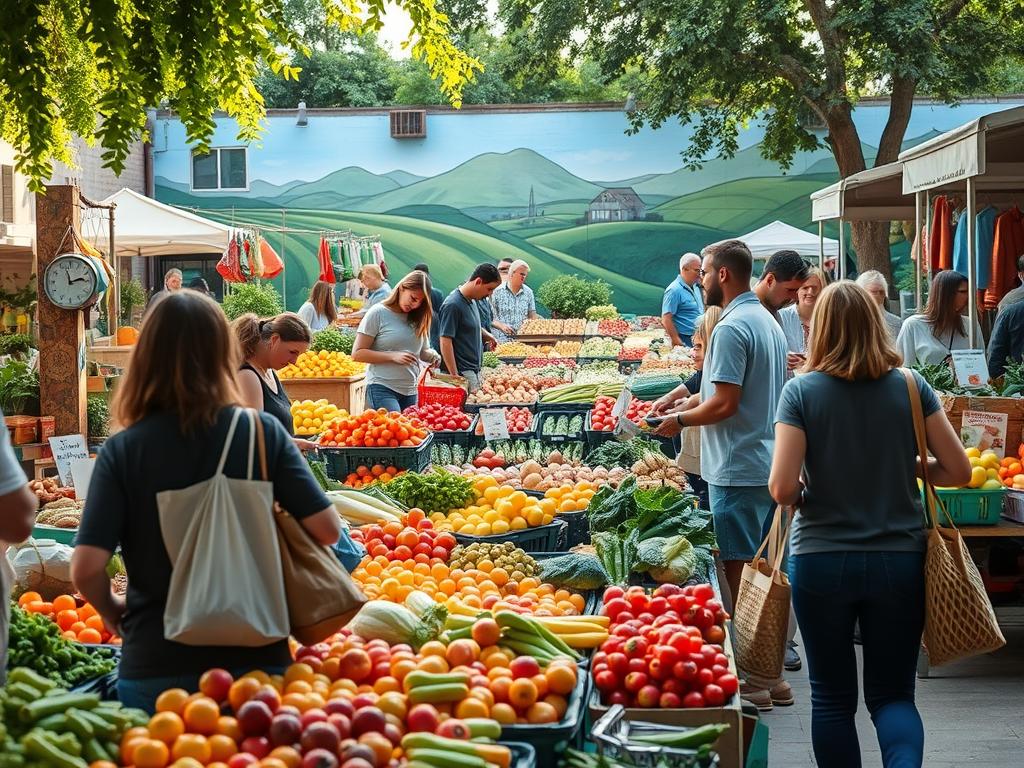 A bustling outdoor farmers' market, showcasing an array of fresh, locally-sourced produce. In the foreground, a group of shoppers carefully select their goods, toting reusable bags and baskets. Midground, stalls brimming with an abundance of seasonal fruits and vegetables, their vibrant colors and natural textures inviting closer inspection. In the background, a mural-adorned wall, depicting a serene, sustainable landscape. Soft, diffused natural lighting filters through, casting a warm, welcoming glow over the scene. The atmosphere exudes a sense of community, environmental consciousness, and a joy of shopping without the burden of single-use plastics.