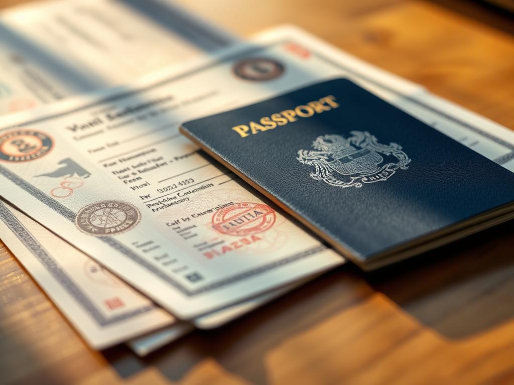 A close-up, detailed view of a passport, visa, and residence permit documents arranged neatly on a wooden desk. The documents are illuminated by soft, warm lighting, casting subtle shadows. The focus is sharp, highlighting the intricate patterns, stamps, and official seals on the documents. The background is blurred, creating a sense of depth and emphasizing the importance of the papers. The composition conveys a sense of organization, legality, and preparation for working abroad, aligning with the article's subject and section title.