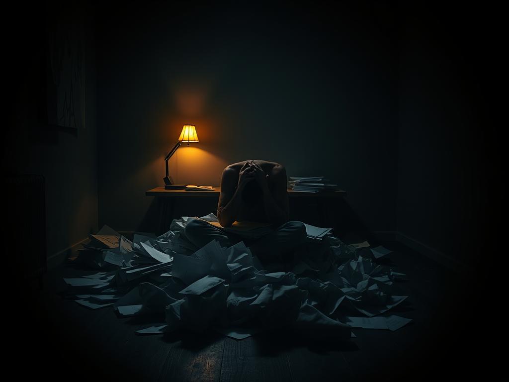 A dark, gloomy room with heavy shadows cast across the floor and walls. In the center, a figure hunched over a desk, their head in their hands, surrounded by a pile of unfinished work and crumpled papers. The room is dimly lit, with a single flickering lamp casting an unsettling, yellow-orange glow. The atmosphere is one of overwhelming stress, anxiety, and a sense of being trapped in a cycle of procrastination. The figure's posture conveys a sense of defeat and despair, a visual representation of the negative consequences of putting off important tasks. The scene is captured with a tight, claustrophobic camera angle, emphasizing the overwhelming pressure and isolation felt by the subject.