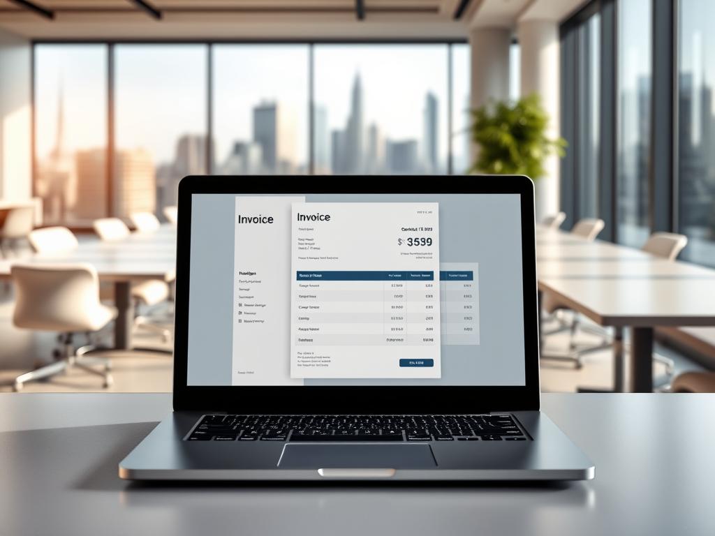 A modern, minimalist office interior with sleek desks, minimalist chairs, and a large window overlooking a cityscape. In the foreground, a laptop displays an online invoice template with clean, intuitive design elements. Soft, directional lighting highlights the invoice's features, drawing the viewer's attention to the convenience and efficiency of digital invoicing. The overall atmosphere conveys a sense of professionalism, productivity, and the benefits of adopting a paperless, digitized workflow.