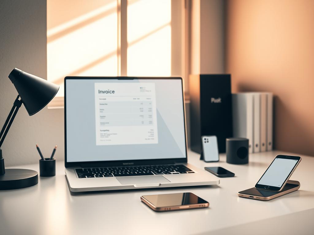 A modern, minimalist office setting with a laptop, smartphone, and desk accessories arranged neatly. The laptop screen displays an online invoice template, while the smartphone shows a mobile app for invoice management. Warm, directional lighting from a window casts soft shadows, creating a clean, professional atmosphere. The desk surface is clean, with a stylized, geometric design. The background features subtle, muted colors that complement the office theme, creating a serene, focused environment ideal for online invoice creation.
