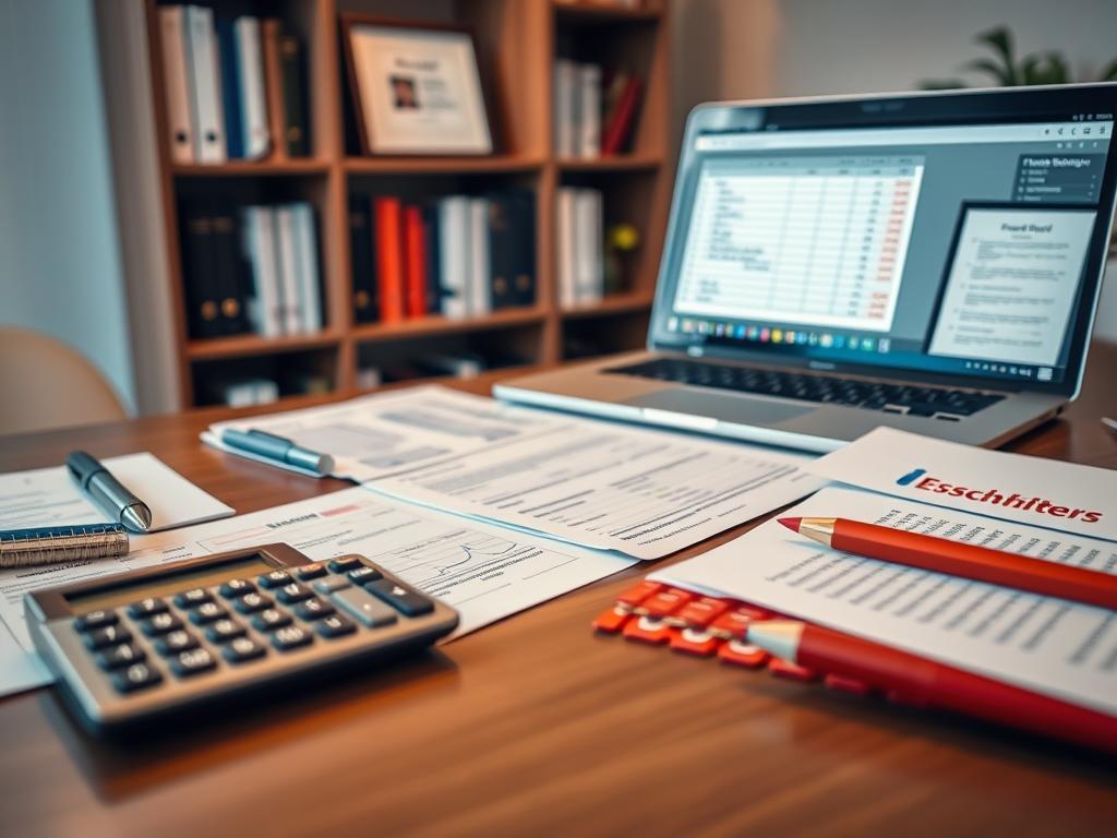 A neatly organized desk with essential financial documents, a calculator, and a laptop displaying a spreadsheet. Soft, warm lighting casts a professional and focused atmosphere. In the background, a bookshelf with finance-related books and a framed certificate representing financial expertise. The composition emphasizes the importance of a structured, methodical approach to personal money management, capturing the essence of "Geldmanagement Grundlagen" or the fundamentals of financial management.