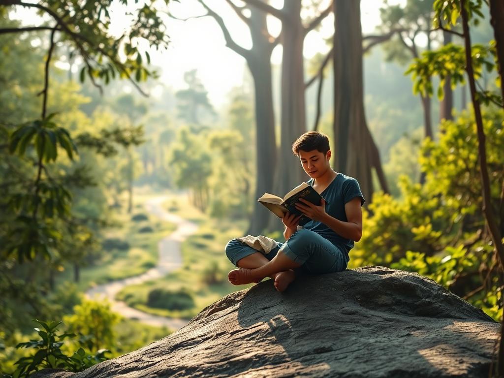 A serene and tranquil scene of personal growth, set against a backdrop of a lush, verdant forest. In the foreground, a person sits cross-legged on a large, weathered rock, deeply immersed in a book, their face aglow with a sense of contemplation and inner discovery. Soft, warm lighting filters through the canopy of trees, casting a gentle, introspective atmosphere. The middle ground features a winding path leading deeper into the forest, symbolizing the journey of self-exploration. In the distance, the silhouettes of towering, ancient trees stand tall, conveying a sense of wisdom and timelessness. The overall mood is one of introspection, growth, and the transformative power of knowledge and personal development.