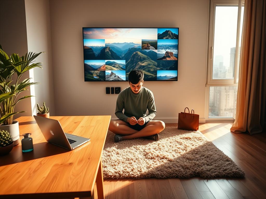 A serene digital nomad's workspace, bathed in warm, natural light from a large window. In the foreground, a minimalist wooden desk with a sleek laptop, a few artisanal trinkets, and a houseplant adding a touch of greenery. In the middle ground, the nomad sits cross-legged on a plush, earth-toned rug, deep in focus as they type away. Behind them, a wall-mounted screen displays a vibrant, ever-changing array of landscape photographs, symbolizing the flexibility and boundless opportunities of this modern, location-independent lifestyle. The overall atmosphere exudes a sense of balance, productivity, and the harmonious integration of work and travel.