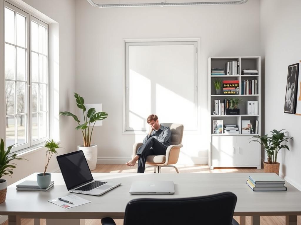 A serene, minimalist office space with natural light flooding in through large windows. In the foreground, a desk with a laptop, a few carefully arranged office supplies, and a potted plant, symbolizing organization and focus. In the middle ground, a person sitting in a comfortable chair, deep in thought, contemplating strategies to overcome procrastination. The background features a bookshelf with titles related to productivity and self-improvement, conveying a sense of knowledge and discipline. The overall atmosphere is calming and conducive to concentration, with muted tones and clean lines, reflecting the mental clarity needed to combat procrastination.