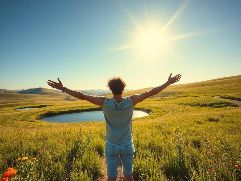 A serene, sun-dappled meadow, lush with verdant grasses and vibrant wildflowers. In the foreground, a person stands with arms outstretched, their face uplifted, basking in the warmth of the golden rays. Behind them, a winding path leads to a tranquil pond, its surface shimmering like glass. In the distance, rolling hills and a cloudless azure sky create a sense of boundless freedom and possibility. The scene exudes a palpable feeling of financial security, inner peace, and the joy of living life on one's own terms.