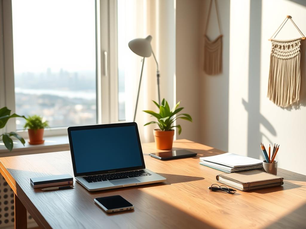 A serene, sun-dappled workspace with a laptop, smartphone, and various office supplies arranged neatly on a wooden desk. In the background, a large window overlooks a tranquil city skyline, hinting at the potential for online income streams. Soft, diffused lighting from a nearby lamp creates a warm, inviting atmosphere, while a potted plant and a minimalist wall hanging add touches of nature and decor. The overall scene conveys a sense of productivity, flexibility, and the many possibilities for earning a supplementary income through online channels.
