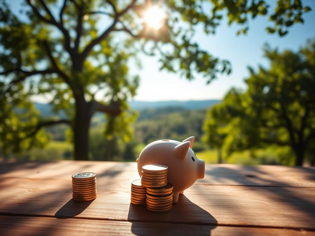 A serene, sun-drenched scene of passive income sources. In the foreground, a stack of coins and a piggy bank sit atop a wooden table, casting gentle shadows. In the middle ground, a lush, green tree canopy sways gently, conveying a sense of tranquility. The background is a picturesque landscape, with rolling hills and a clear blue sky, suggesting a peaceful, idyllic setting. The lighting is soft and natural, creating a warm, inviting atmosphere. The overall composition evokes a feeling of financial security and relaxation, capturing the essence of "Passive Einkommensquellen entdecken".