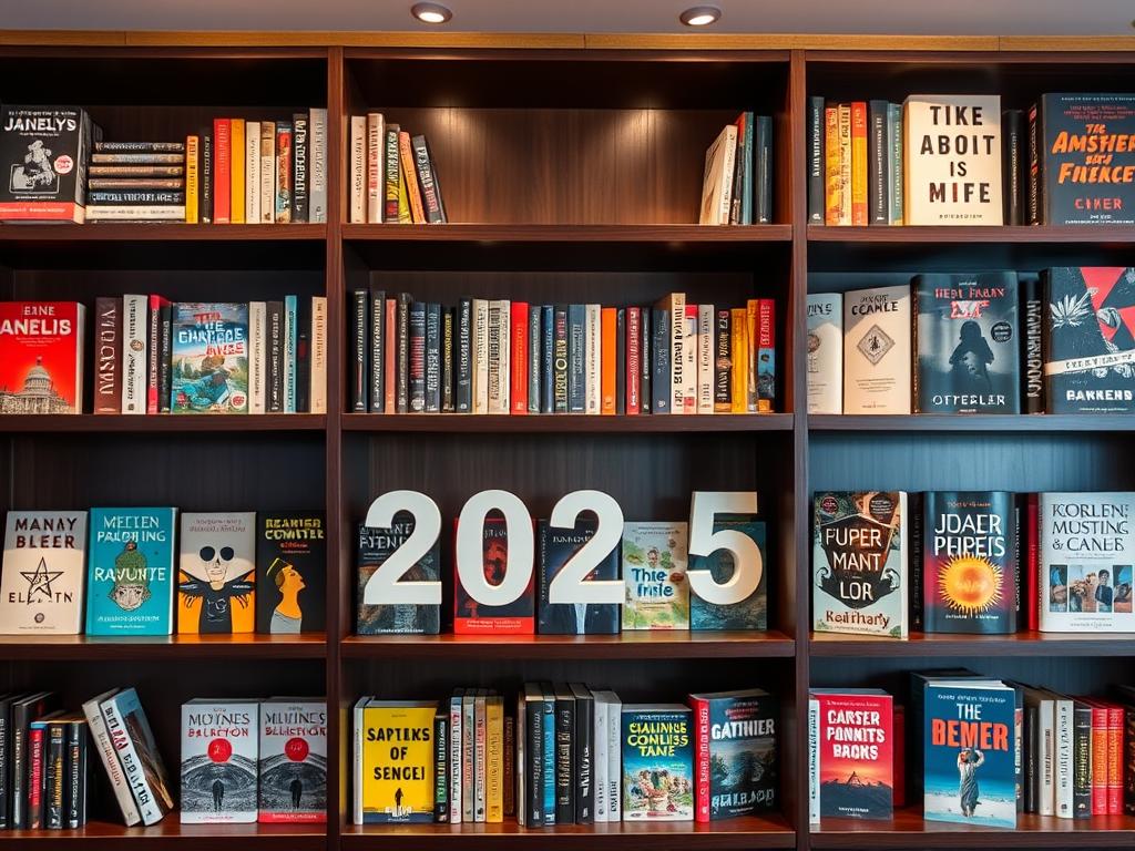 A sleek, modern bookshelf filled with the latest book releases for 2025, arranged in a visually appealing layout. The shelves are made of dark, polished wood, creating a sophisticated ambiance. The books have vibrant, eye-catching covers in a variety of colors and designs, hinting at the diverse genres and subjects they represent. Soft, directional lighting from above casts a warm glow, highlighting the textures and details of the books. The scene conveys a sense of anticipation and excitement for the literary offerings of the coming year, inviting the viewer to explore and discover their next great read.