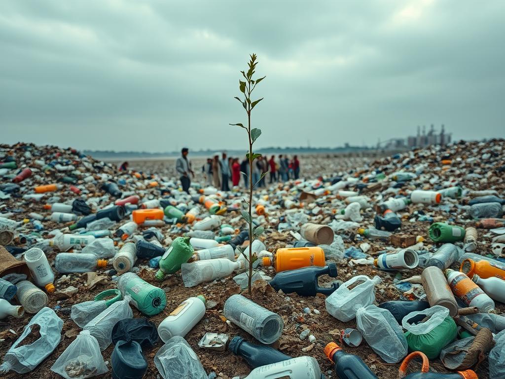 A sprawling landscape of discarded plastic waste, with crumpled bottles, bags, and packaging strewn across a desolate, barren terrain. In the foreground, a single sapling struggles to take root, symbolizing the fragile hope of environmental recovery. The sky is overcast, casting a somber, muted light that emphasizes the gravity of the situation. In the middle ground, a group of concerned citizens gather, their expressions a mix of determination and dismay, as they work to clean up the plastic blight. The background fades into a hazy, industrial backdrop, a reminder of the systemic nature of the problem. The overall tone is one of urgency and a call to action, inspiring viewers to consider their own plastic consumption and the pressing need for sustainable solutions.