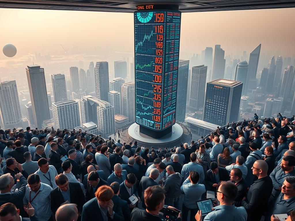 A striking market scene, shot from a high vantage point. In the foreground, a vibrant crowd of investors closely examine charts and graphs, their expressions a mix of anticipation and uncertainty. The middle ground features a towering digital display, its fluctuating numbers and charts casting an ethereal glow across the trading floor. In the background, a maze of high-rise buildings and futuristic skyline, hinting at the global nature of the crypto market. Soft, diffused lighting creates a contemplative atmosphere, as the investors navigate the complex dynamics of this volatile financial landscape.