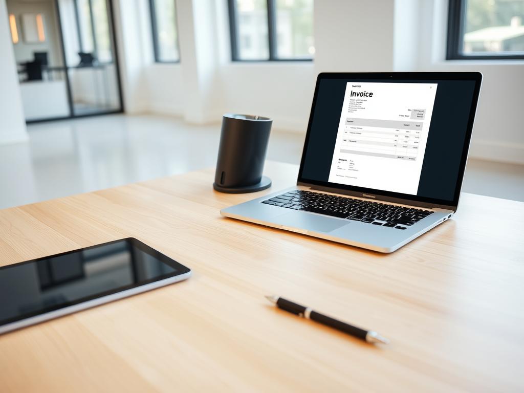 A stylish and minimalist office desk with a modern laptop, a digital tablet, and a pen. The desk is made of light-colored wood, and the background is a clean, bright workspace with large windows letting in natural light. The laptop screen displays a simple invoice template, ready to be filled out. The overall mood is professional, organized, and efficient, reflecting the ease of creating online invoices.