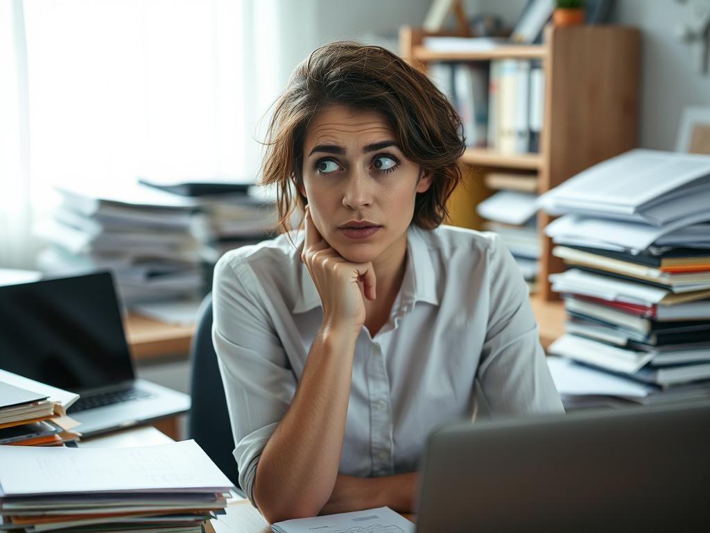 A thoughtful, close-up portrait of a person sitting at a desk, appearing overwhelmed and distracted, surrounded by a cluttered workspace filled with papers, files, and a laptop. The subject's gaze is distant, conveying a sense of procrastination and indecision. Soft, diffused lighting creates a pensive, introspective atmosphere. The composition emphasizes the individual's internal struggle with the concept of "Aufschieberitis" - the tendency to postpone or delay important tasks. The image should evoke a sense of the psychological and environmental factors that contribute to this phenomenon.