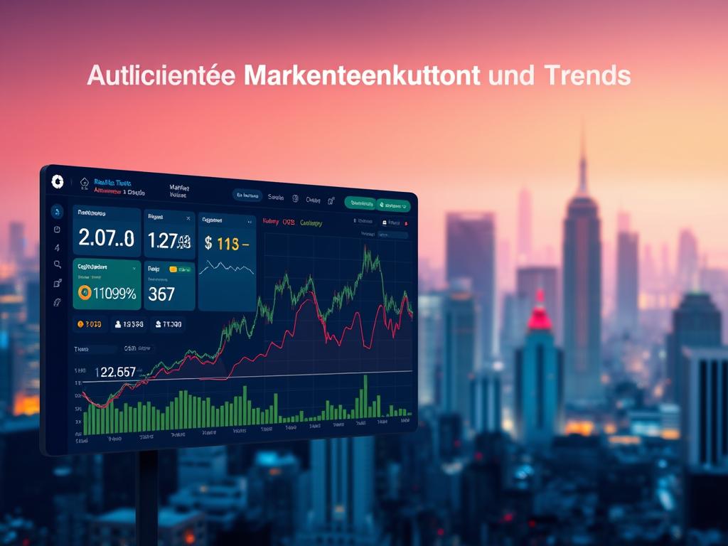 A vibrant, data-driven visualization of the current state of the cryptocurrency market. In the foreground, a sleek, minimalist dashboard displays real-time market statistics, price fluctuations, and trading volume. The middle ground features a dynamic line graph tracing the recent performance of leading cryptocurrencies, with colors and shapes conveying key trends. In the background, a stylized cityscape, bathed in a soft, ambient glow, serves as a backdrop, symbolizing the global, interconnected nature of the crypto ecosystem. The overall composition strikes a balance between analytical precision and aesthetic appeal, capturing the essence of the "Aktuelle Marktentwicklung und Trends" section.