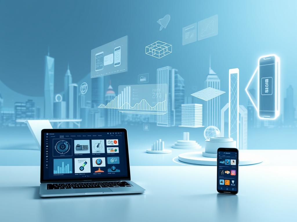 A vibrant digital workspace with an array of modern product icons, digital devices, and minimalist UI elements. The foreground features a sleek laptop, tablet, and smartphone displaying various digital product visualizations. The middle ground showcases 3D product models, diagrams, and data visualizations floating in a clean, well-lit environment. The background depicts a futuristic cityscape with skyscrapers and glowing architectural elements, creating a sense of technological progress. The overall mood is one of innovation, productivity, and the limitless possibilities of the digital realm. Soft, diffused lighting and a cool color palette evoke a professional, cutting-edge aesthetic.