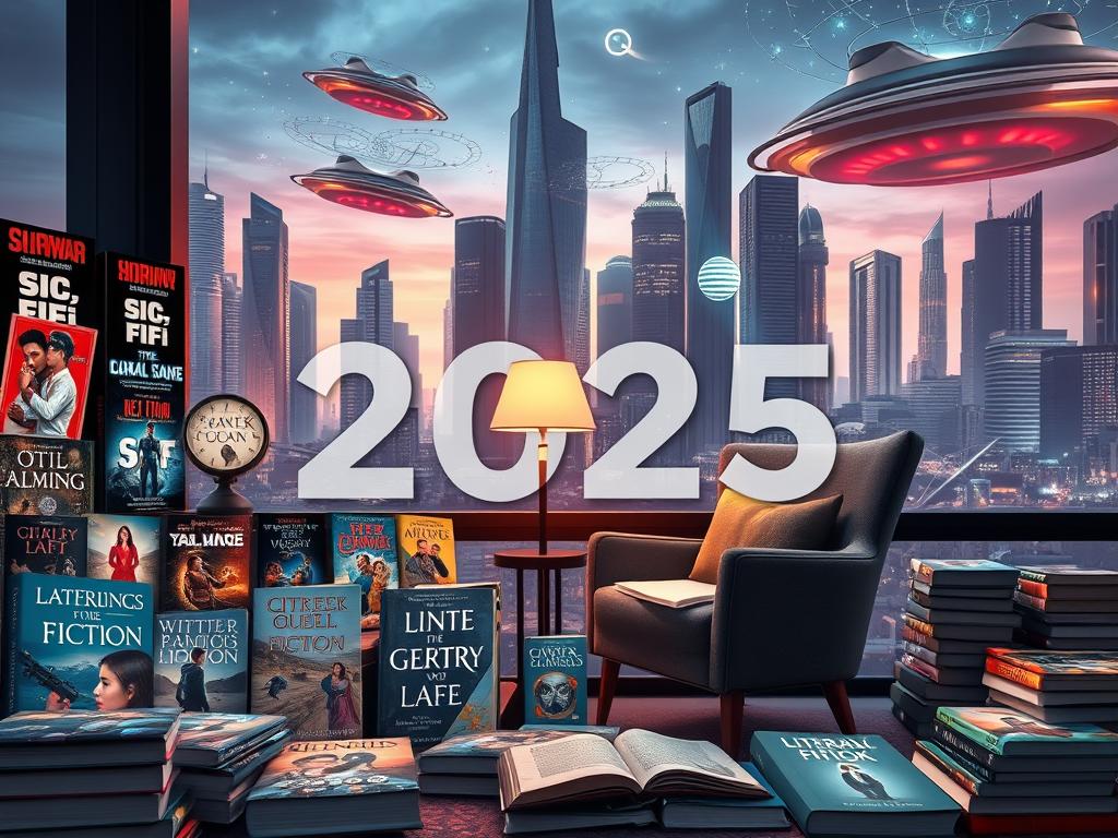 A visually striking scene of the most popular literary genres for the year 2025. In the foreground, a captivating display of book covers in a range of genres, including sci-fi, romance, mystery, and literary fiction, showcasing the diverse tastes of readers. The middle ground features a cozy reading nook, with a plush armchair and a table lamp casting a warm glow, inviting the viewer to immerse themselves in the stories. The background presents a futuristic cityscape, with sleek skyscrapers and hovering transport, hinting at the technological advancements that may shape the reading experience of the future. The overall atmosphere is one of excitement and anticipation, capturing the evolution of literary preferences in the year 2025.