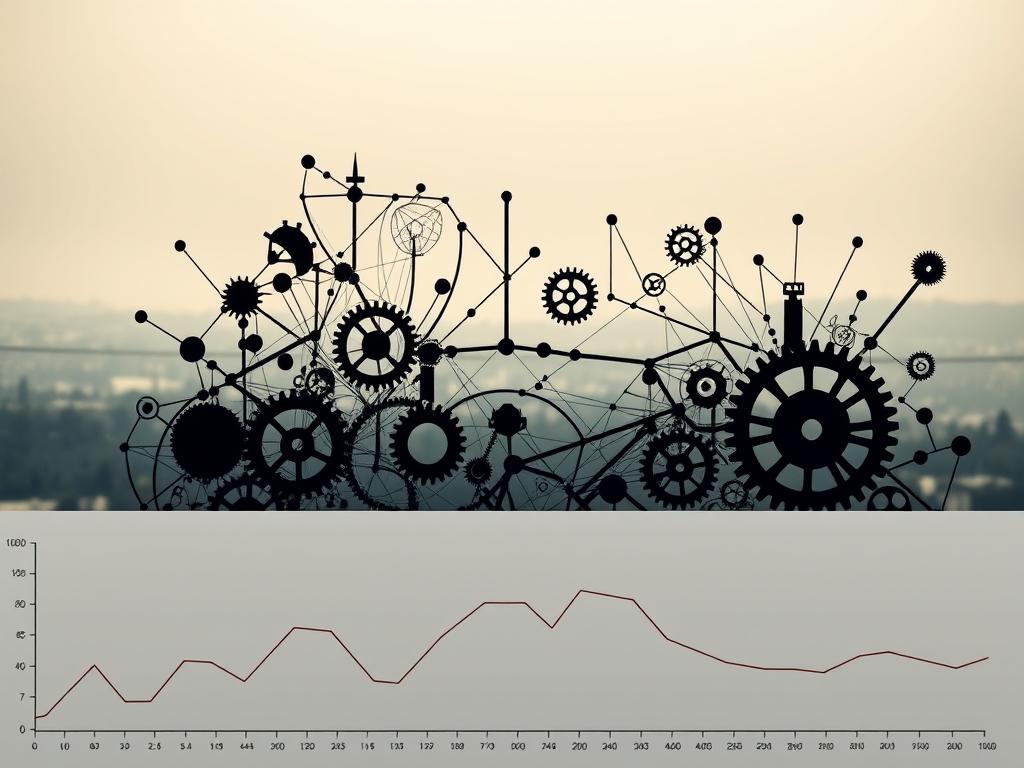 A complex web of financial instruments and market forces, risk management in investing is depicted as a thoughtful, abstract composition. In the foreground, a minimalist graph or chart symbolizes data analysis, with geometric lines and shapes in muted tones. The middle ground features an intricate network of interconnected gears, cogs, and mechanisms, representing the intricate systems at play. In the background, a hazy, atmospheric landscape suggests the larger economic and societal context, conveying a sense of scale and uncertainty. Muted lighting creates a pensive, contemplative mood, inviting the viewer to consider the nuances of risk and diversification in the world of investment.