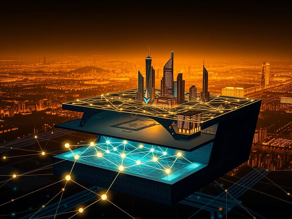 A cross-section of the Ethereum blockchain network, showcasing its multi-layered architecture. In the foreground, a detailed visualization of the different versions of Ethereum, represented by stylized glowing nodes connected by intricate pathways. The middle ground features a futuristic cityscape, with skyscrapers and infrastructure symbolizing the real-world applications of Ethereum technology. The background is a dynamic, luminescent data landscape, hinting at the complex computational processes and data flows powering the Ethereum ecosystem. The scene is illuminated by a warm, diffused lighting, creating a sense of depth and emphasizing the interconnectedness of the various Ethereum components. The overall mood is one of technological sophistication, innovation, and the ever-evolving nature of the Ethereum platform.