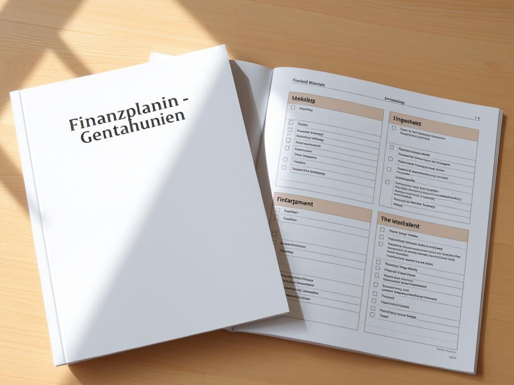 A neatly organized financial planning workbook with a clean, minimalist layout. The cover features a simple title "Finanzplanung Grundlagen" in a modern, sans-serif font. The pages inside showcase a grid of well-structured financial worksheets and checklists, guiding the viewer through the fundamental concepts of investing and money management. Warm, natural lighting casts a soft glow across the scene, creating a welcoming and approachable atmosphere. The overall composition conveys a sense of focus, clarity, and practicality, reflecting the subject of understanding the basics of investing.