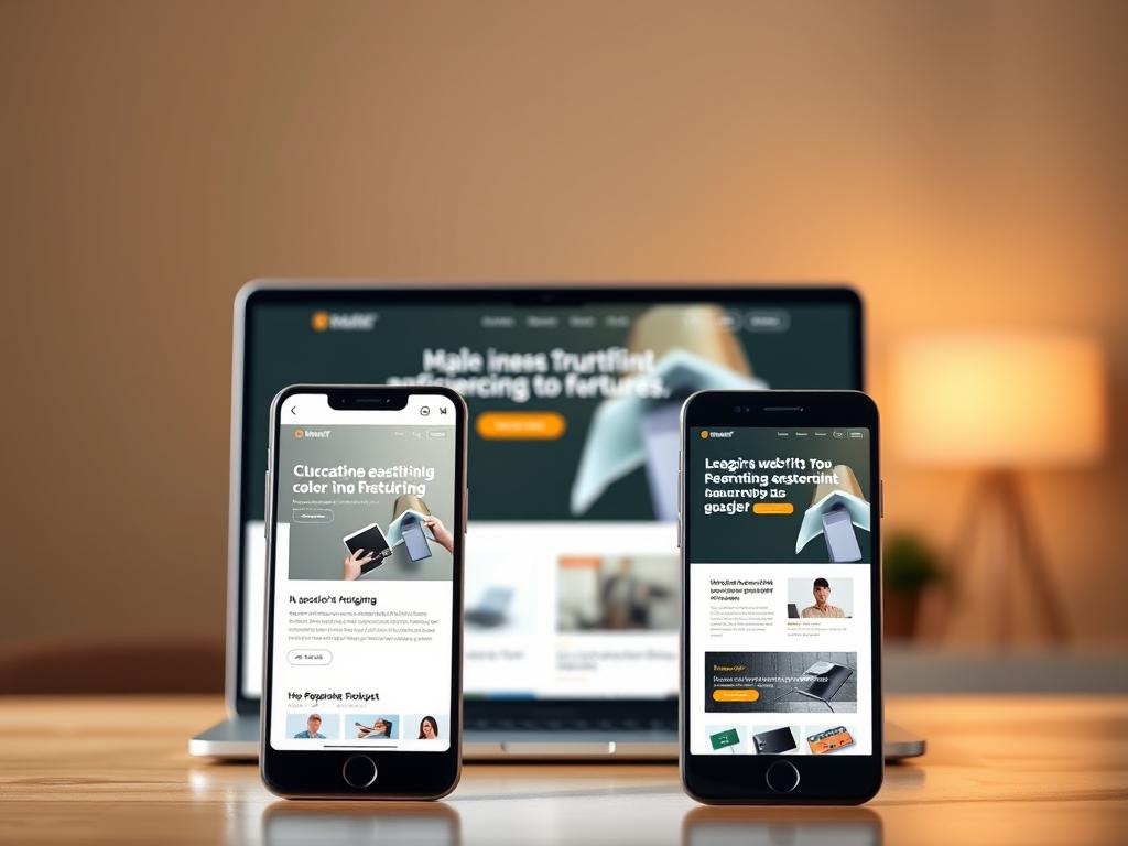 A professional-looking website with a clean, minimalist design takes center stage against a soft, blurred background. The homepage showcases a cohesive color palette, intuitive navigation, and high-quality product imagery. Warm lighting casts a subtle glow, creating an inviting and trustworthy atmosphere. The layout is well-balanced, drawing the viewer's eye to the key features and calls-to-action. In the foreground, a smartphone displays the website on its screen, highlighting the responsive, mobile-friendly nature of the online presence. The overall scene conveys a sense of expertise, reliability, and a strong digital footprint.