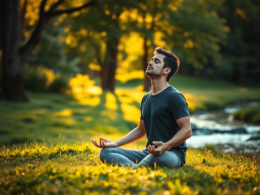 A serene and tranquil scene of a person practicing breathing exercises in a peaceful natural setting. The foreground features a man sitting cross-legged on a lush, green meadow, eyes closed in deep concentration as he inhales and exhales slowly. Warm, golden sunlight filters through the trees in the middle ground, casting a soft, calming glow. In the background, a gentle stream flows peacefully, its soothing sounds complementing the meditative atmosphere. The composition emphasizes the harmonious integration of the human form with the natural environment, conveying a sense of restored vitality and inner balance through the practice of breathwork.