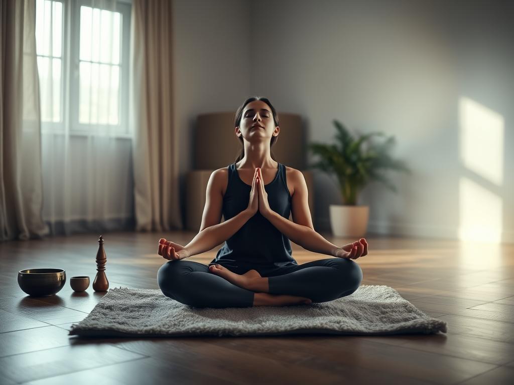 A serene, dimly lit room with soft, natural lighting filtering in through a large window. In the foreground, a person sits cross-legged on a plush yoga mat, their eyes closed and expression peaceful as they practice deep, controlled breathing exercises. The middle ground features various meditation props, such as a singing bowl, incense, and a small potted plant, creating a calming, zen-like atmosphere. The background gently fades into a soft, hazy gradient, adding a sense of tranquility and focus. The overall scene conveys a sense of wellness, energy, and inner harmony through the power of mindful breathing techniques.